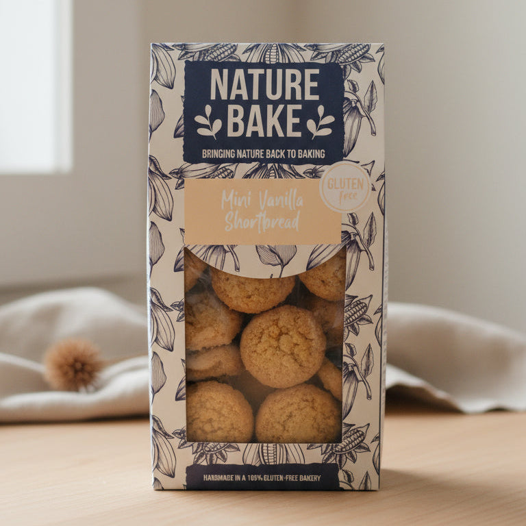 Packaged cookies with 'Nature Bake' branding on a white background
