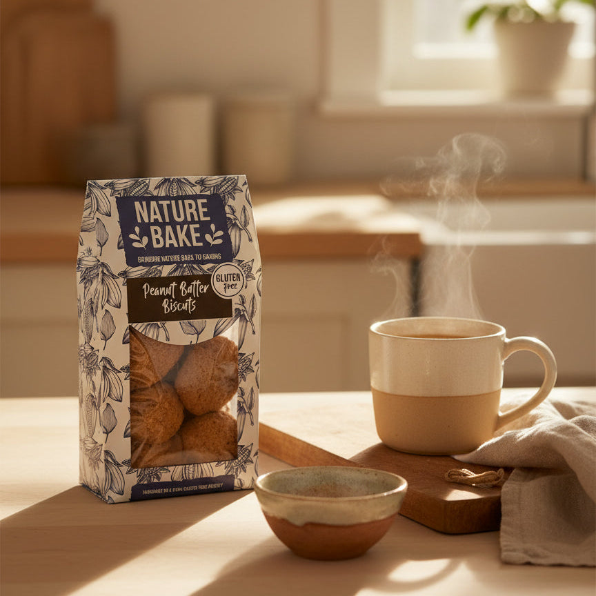 Packaged peanut butter biscuits with 'Nature Bake' branding on a white background