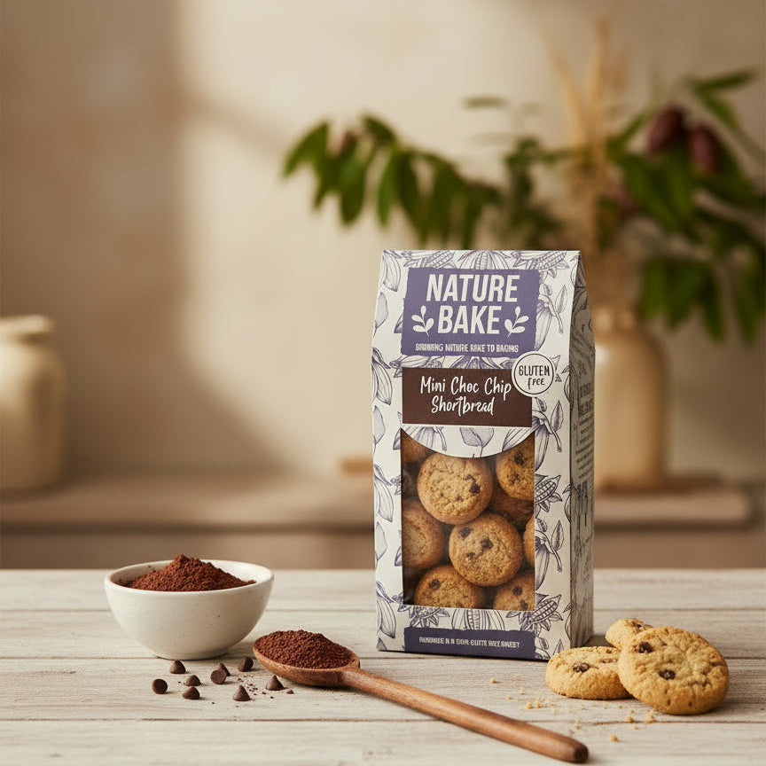 Packaged mini choc chip shortbread with 'Nature Bake' branding on a white background