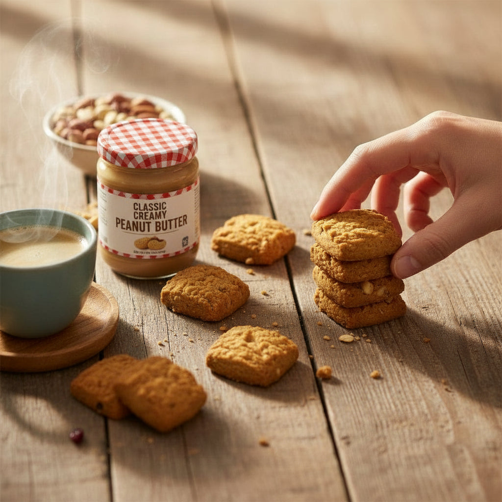 Biscuits on a plate with a bowl of nuts and two cups of coffee on a wooden board.