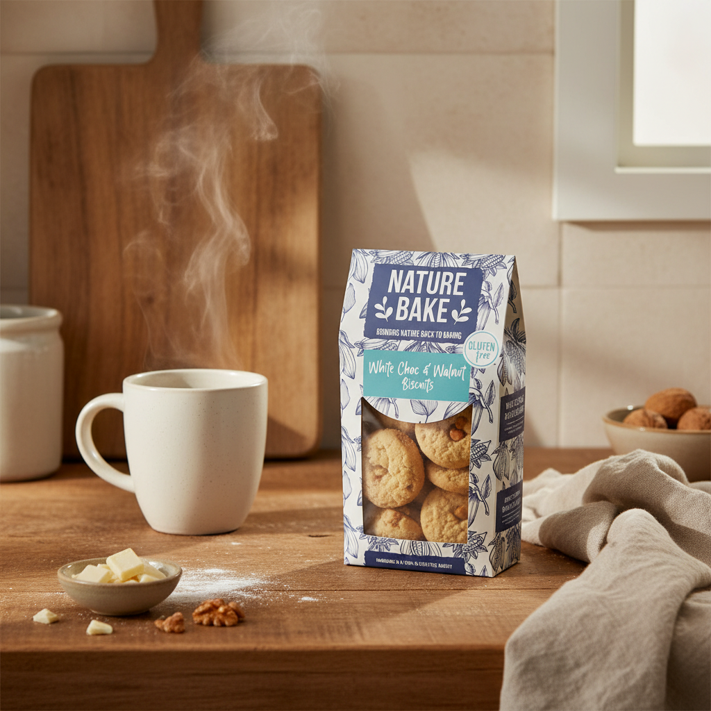 Box of Nature Bake White Choc & Walnut Biscuits on a white background